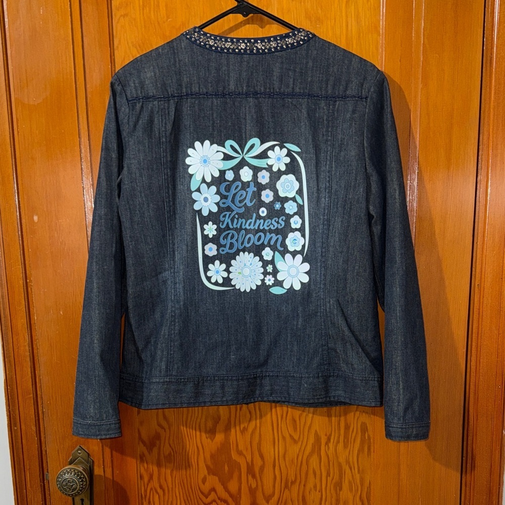 Chico's Dark Blue Jean Jacket with Floral Print